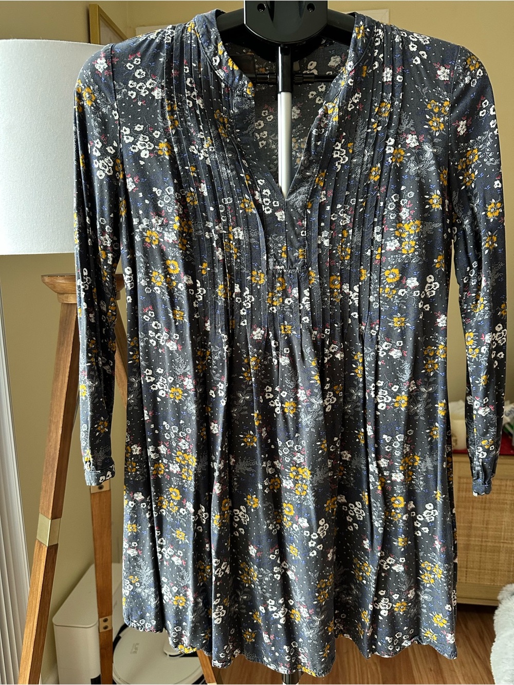 Old Navy Charcoal Floral Pintuck Blouse with Mustard Accents
